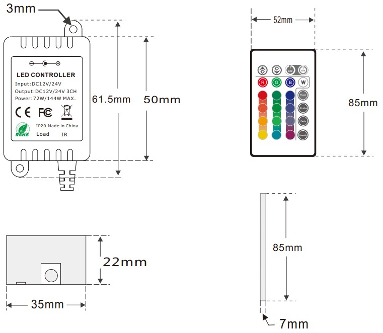DC5-12/24V Max 12A 4A3CH, LED RGB MINI Wireless RF Infrared Controller For RGB LED Light Strips or Modules DC5-12/24V Max 12A 4A3CH, LED RGB MINI Wireless RF Infrared Controller For RGB LED Light Strips or Modules